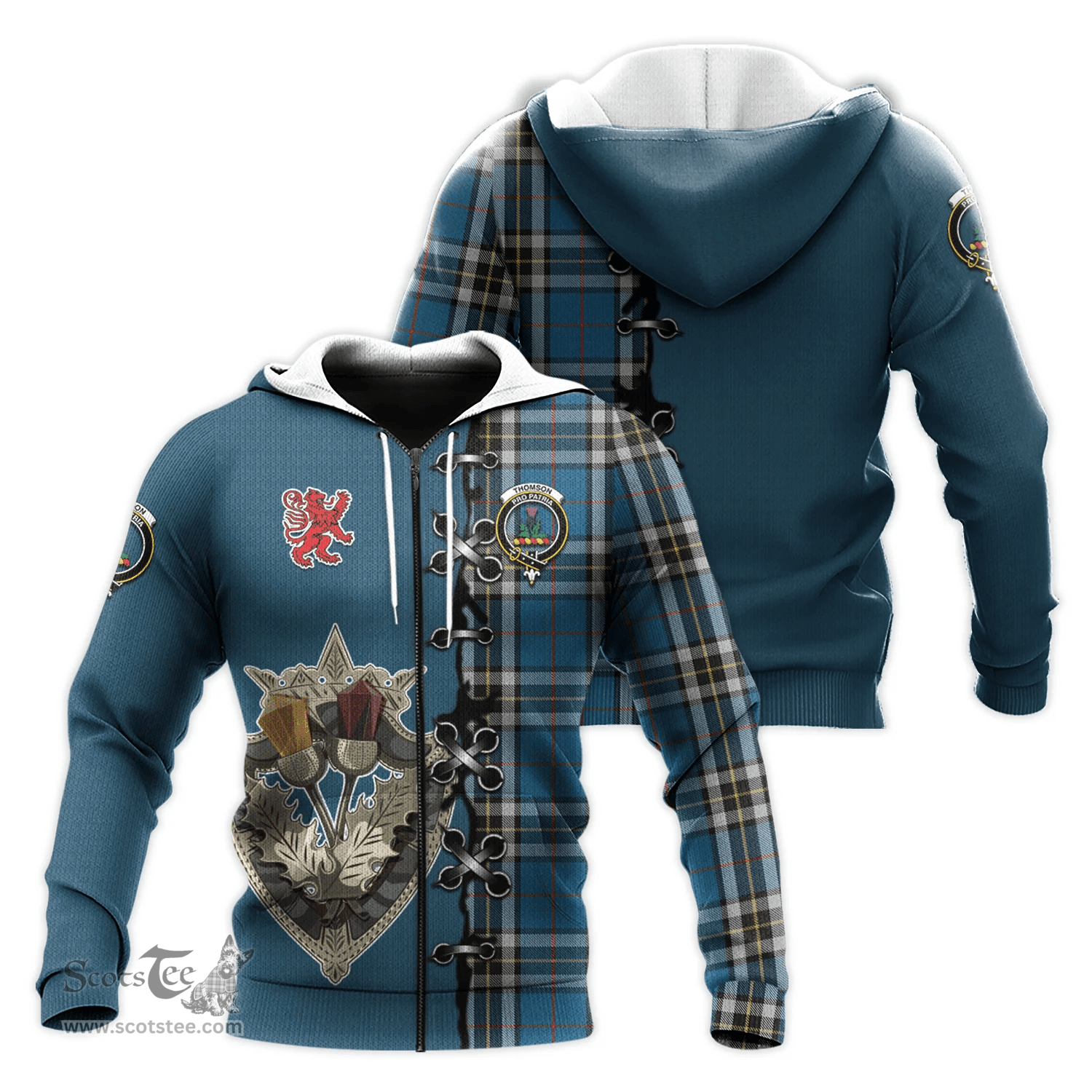 Scottish Thomson Dress Blue Clan Tartan Hoodie - Lion Rampant And Celtic Thistle Style Scottish Plaid Tartan Plaid