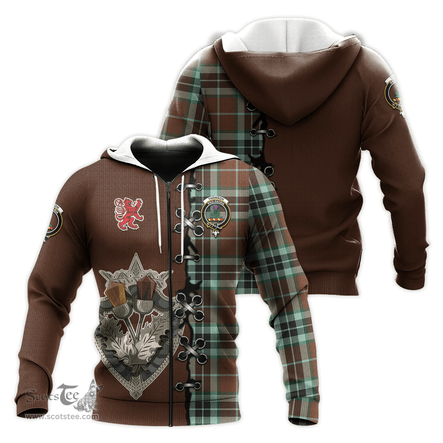 Scottish Thomson Hunting Modern Clan Tartan Hoodie - Lion Rampant And Celtic Thistle Style Scottish Plaid Tartan Plaid