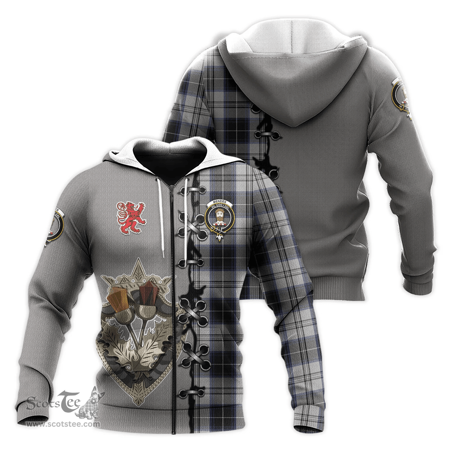 Scottish Menzies Black Dress Clan Tartan Hoodie - Lion Rampant And Celtic Thistle Style Scottish Plaid Tartan Plaid