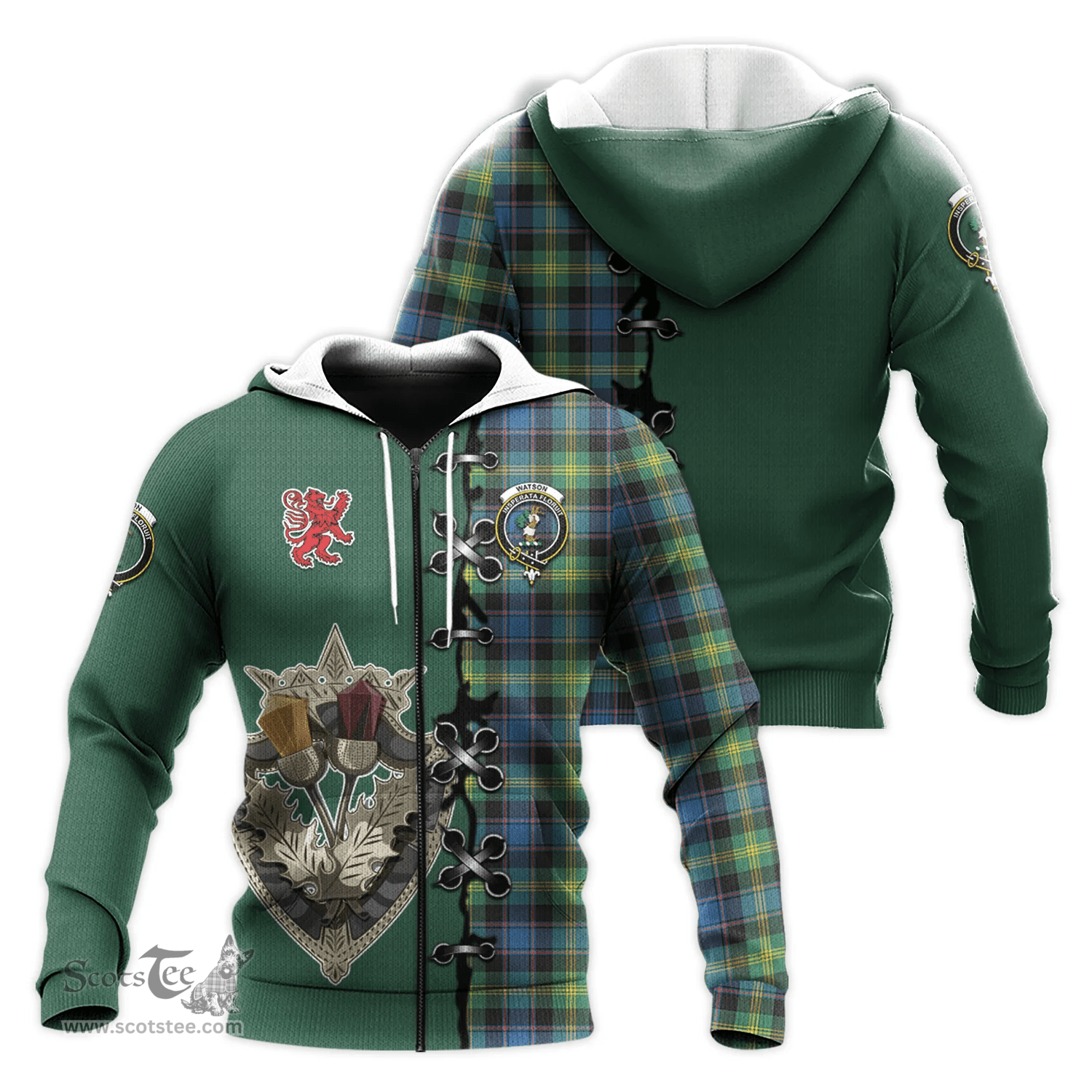 Scottish Watson Ancient Clan Tartan Hoodie - Lion Rampant And Celtic Thistle Style Scottish Plaid Tartan Plaid