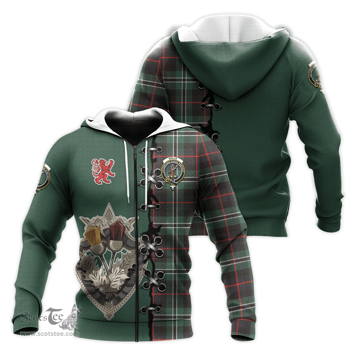 Scottish Rollo Hunting Clan Tartan Hoodie - Lion Rampant And Celtic Thistle Style Scottish Plaid Tartan Plaid