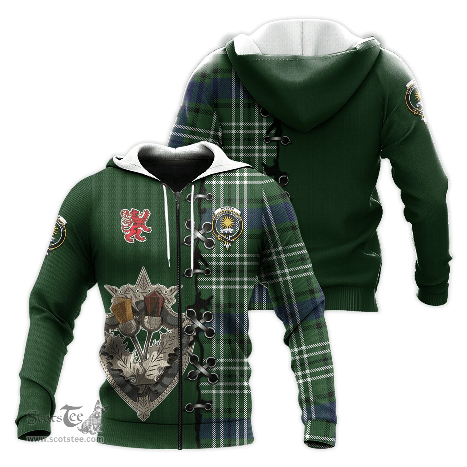 Scottish Purves Clan Tartan Hoodie - Lion Rampant And Celtic Thistle Style Scottish Plaid Tartan Plaid