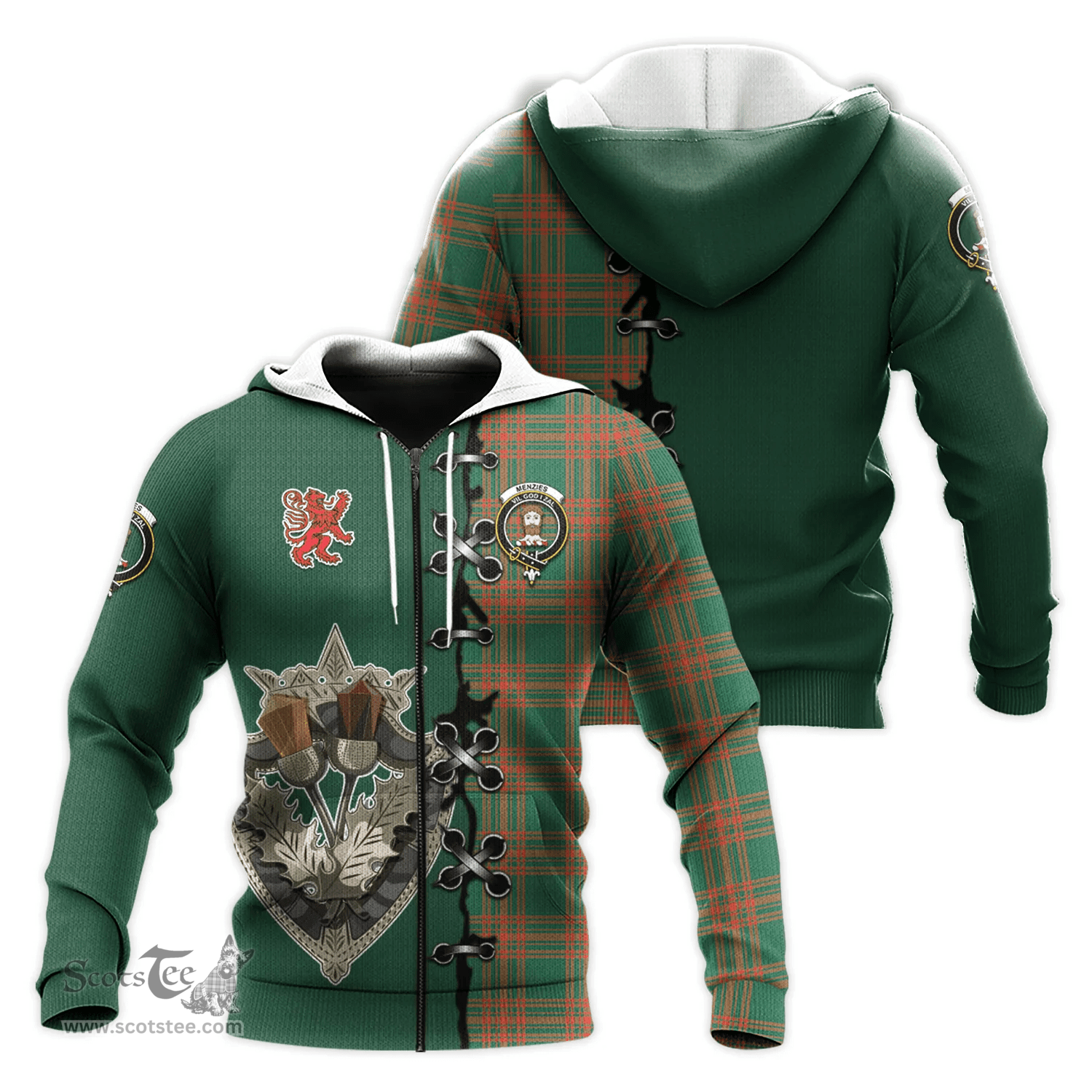 Scottish Menzies Green Ancient Clan Tartan Hoodie - Lion Rampant And Celtic Thistle Style Scottish Plaid Tartan Plaid