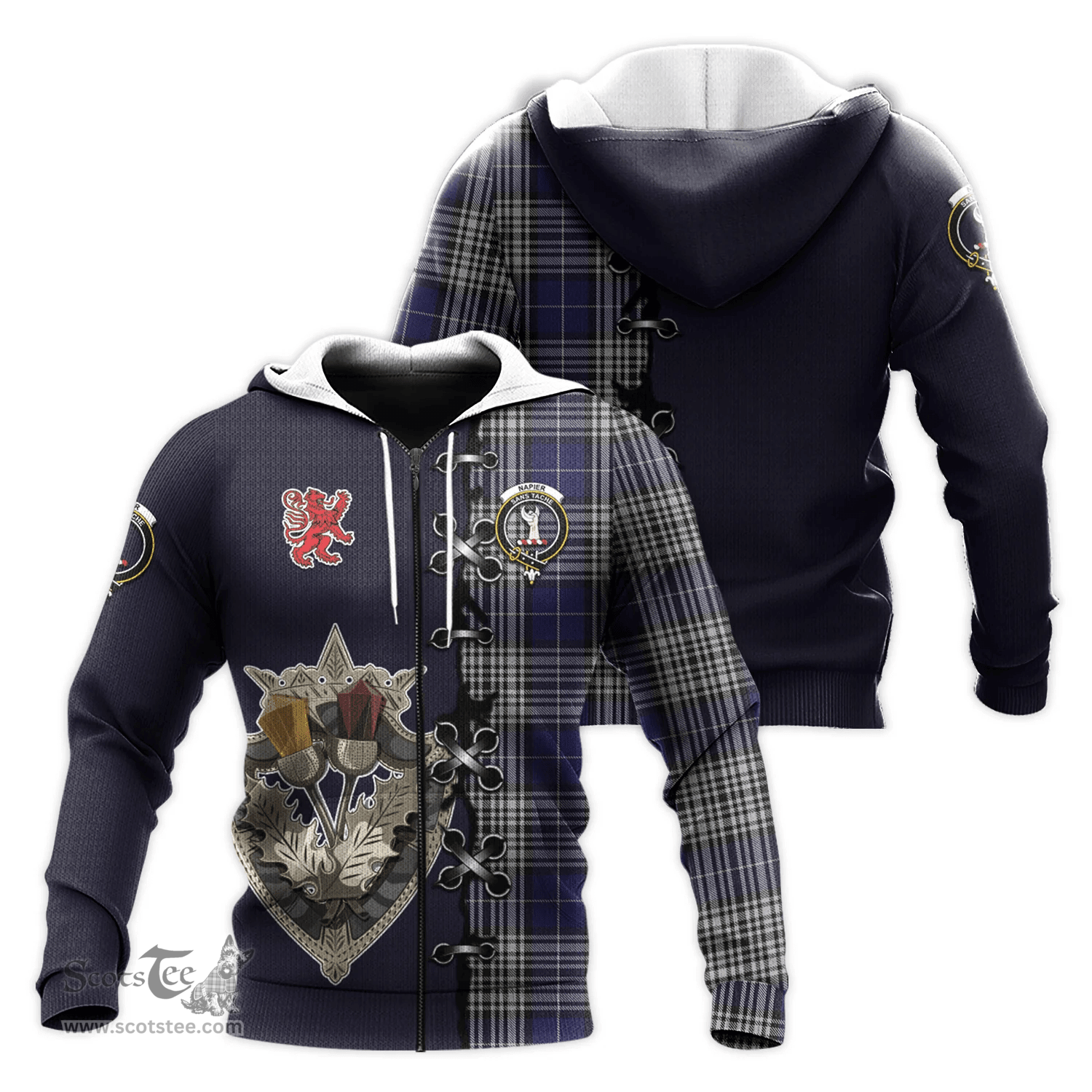 Scottish Napier Clan Tartan Hoodie - Lion Rampant And Celtic Thistle Style Scottish Plaid Tartan Plaid