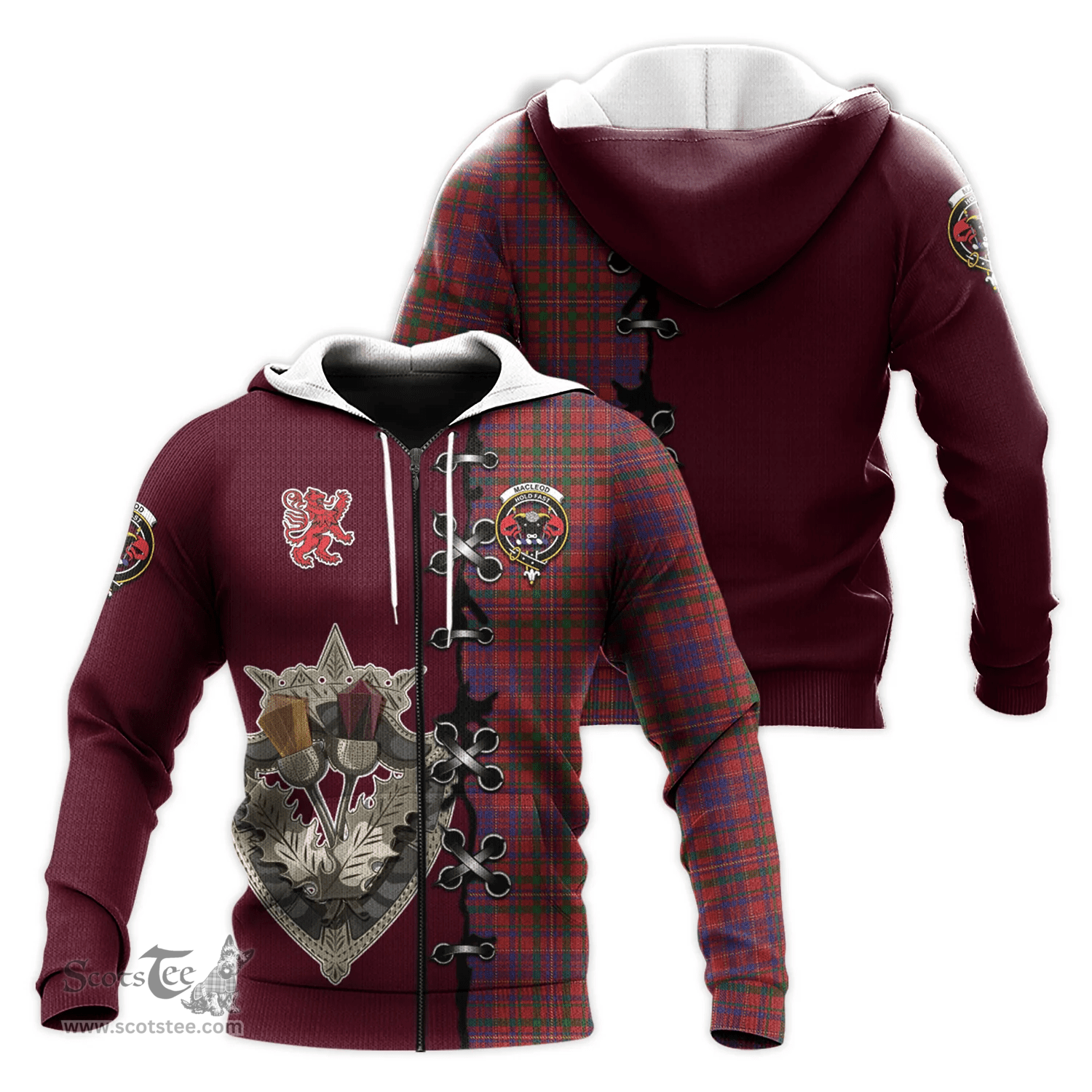 Scottish MacLeod Red Clan Tartan Hoodie - Lion Rampant And Celtic Thistle Style Scottish Plaid Tartan Plaid