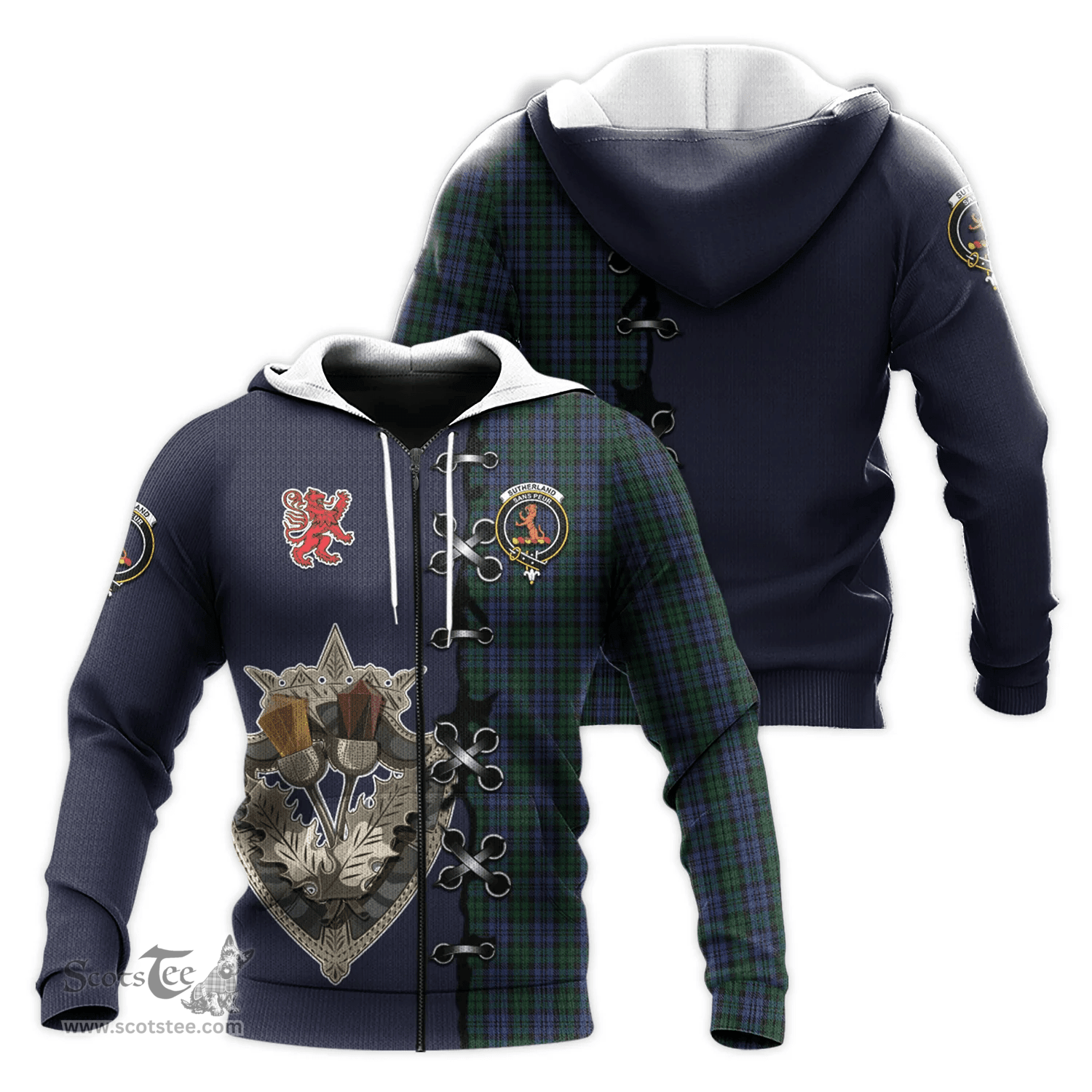 Scottish Sutherland Clan Tartan Hoodie - Lion Rampant And Celtic Thistle Style Scottish Plaid Tartan Plaid