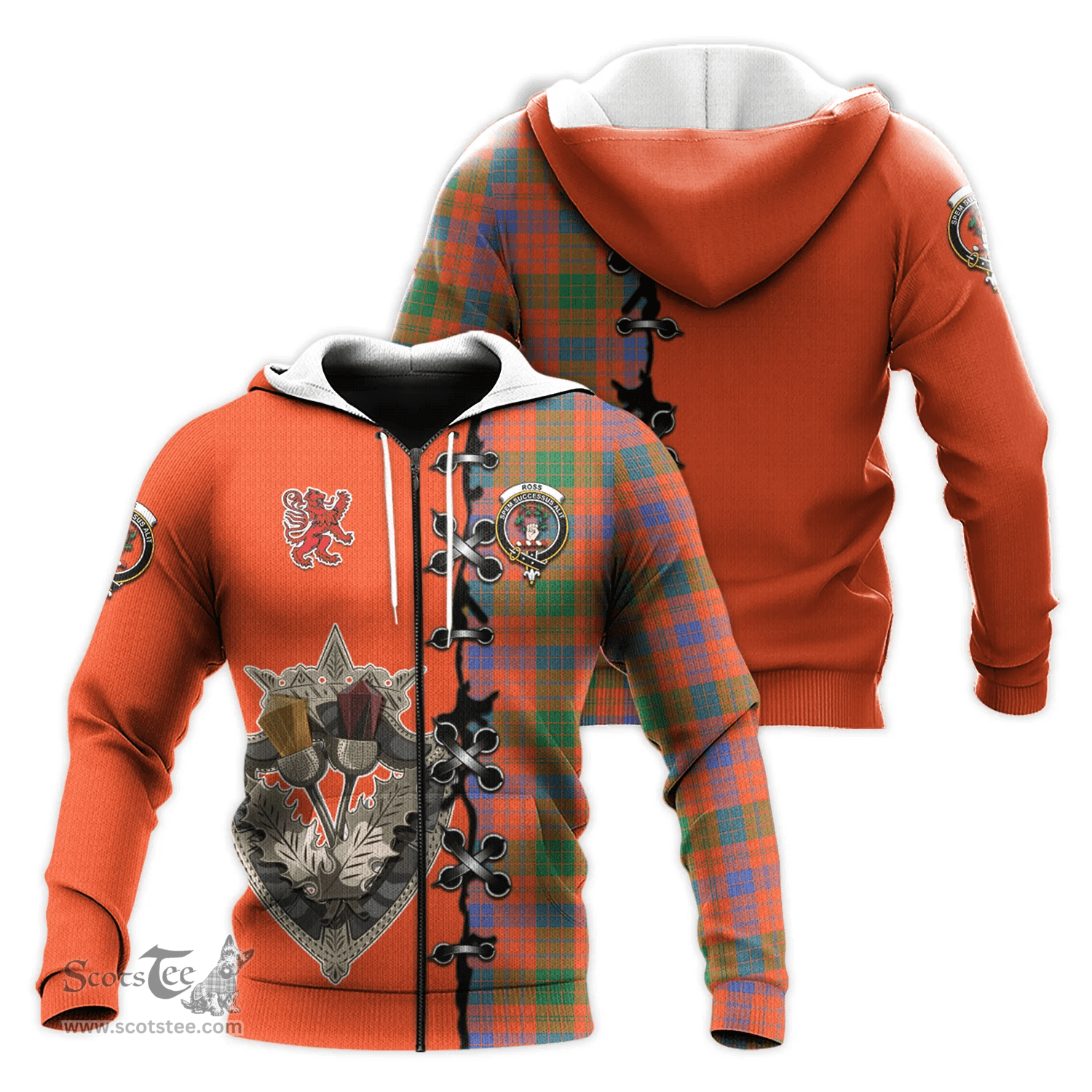 Scottish Ross Ancient Clan Tartan Hoodie - Lion Rampant And Celtic Thistle Style Scottish Plaid Tartan Plaid
