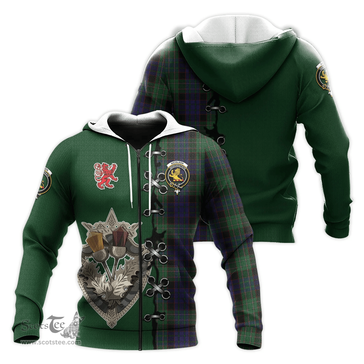 Scottish Nicolson Green Hunting Clan Tartan Hoodie - Lion Rampant And Celtic Thistle Style Scottish Plaid Tartan Plaid