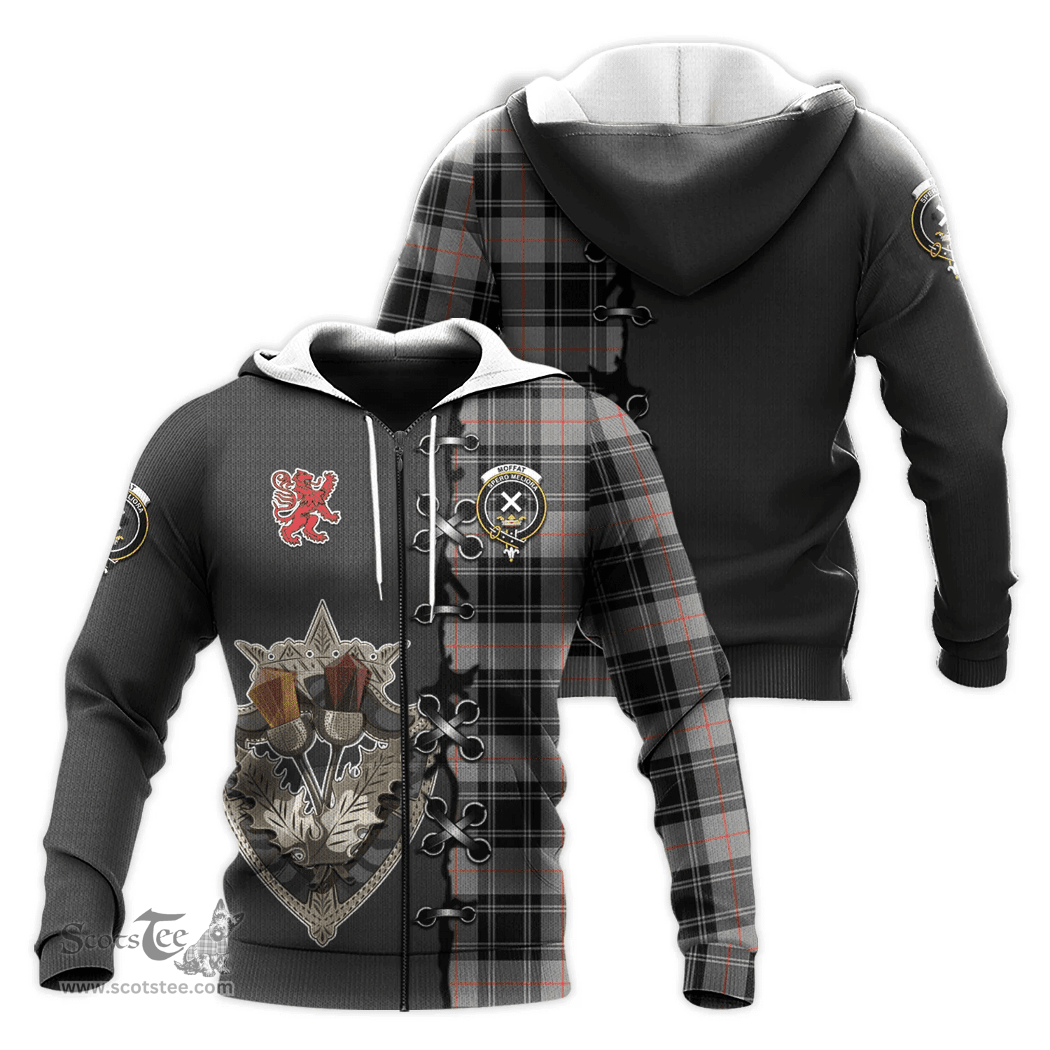 Scottish Moffat Modern Clan Tartan Hoodie - Lion Rampant And Celtic Thistle Style Scottish Plaid Tartan Plaid