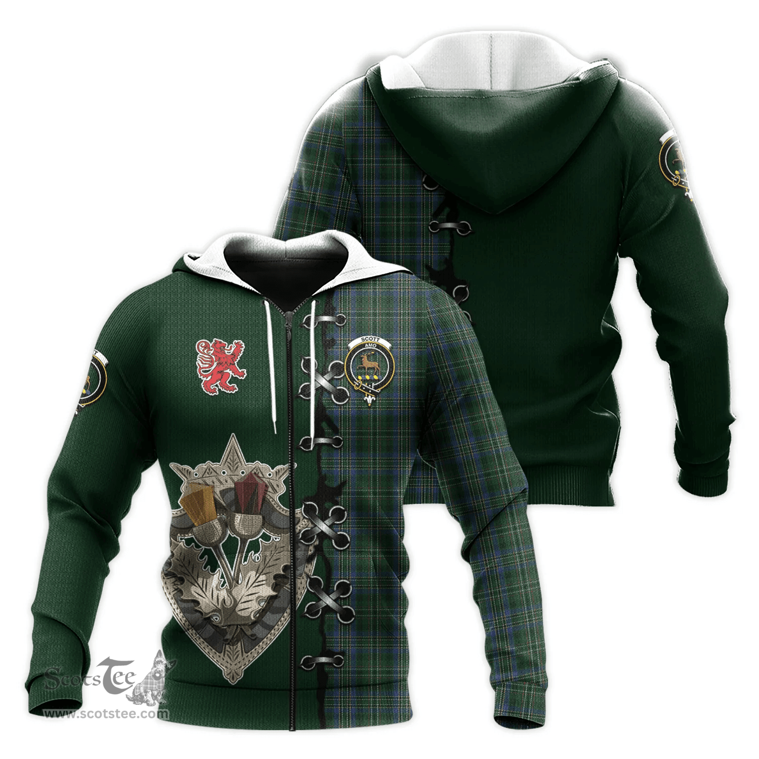 Scottish Scott Hunting Clan Tartan Hoodie - Lion Rampant And Celtic Thistle Style Scottish Plaid Tartan Plaid