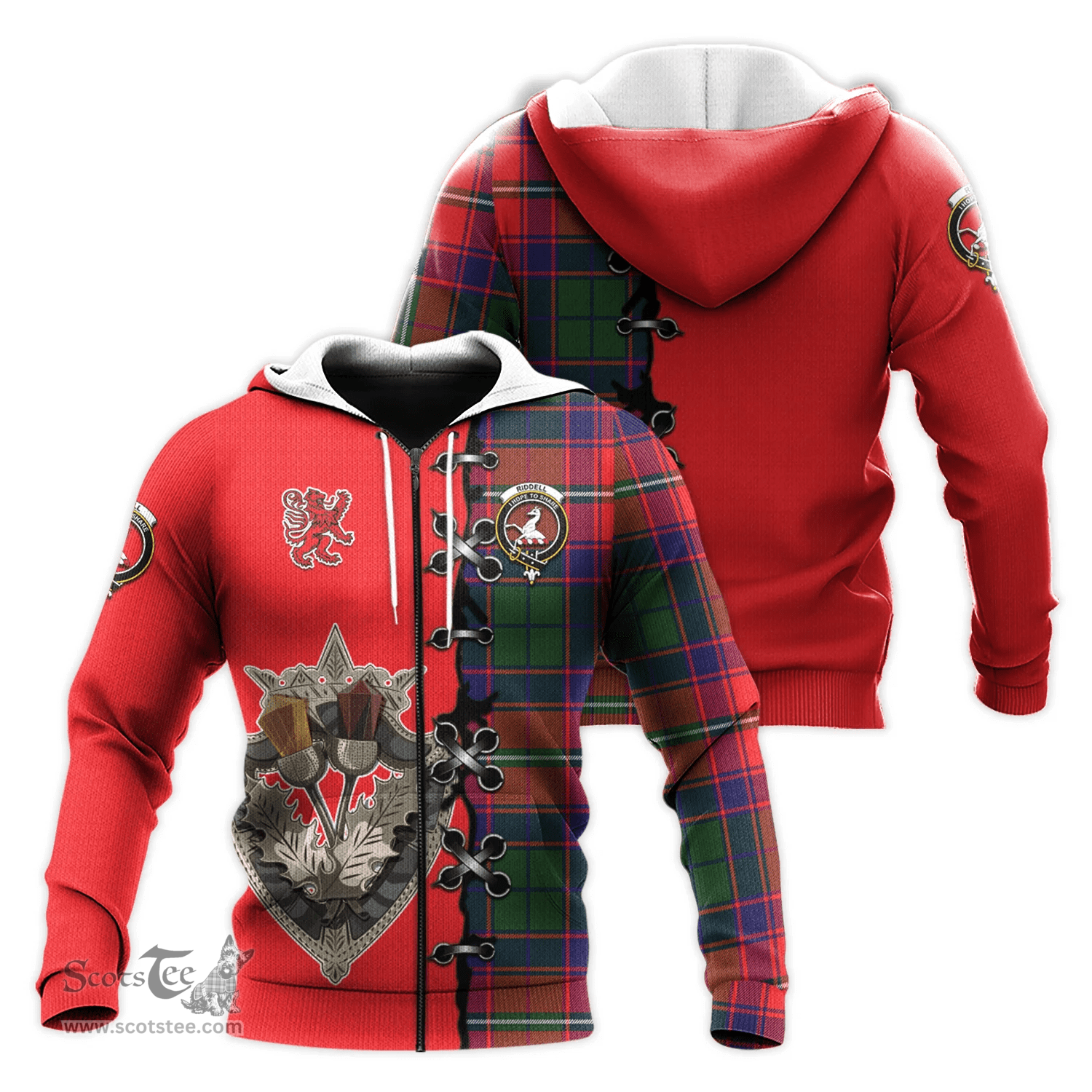 Scottish Riddell Clan Tartan Hoodie - Lion Rampant And Celtic Thistle Style Scottish Plaid Tartan Plaid