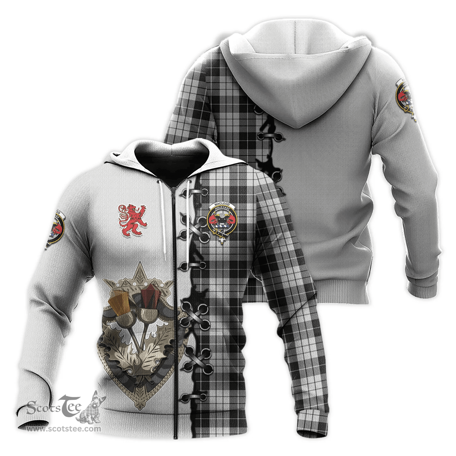 Scottish MacLeod Black and White Clan Tartan Hoodie - Lion Rampant And Celtic Thistle Style Scottish Plaid Tartan Plaid