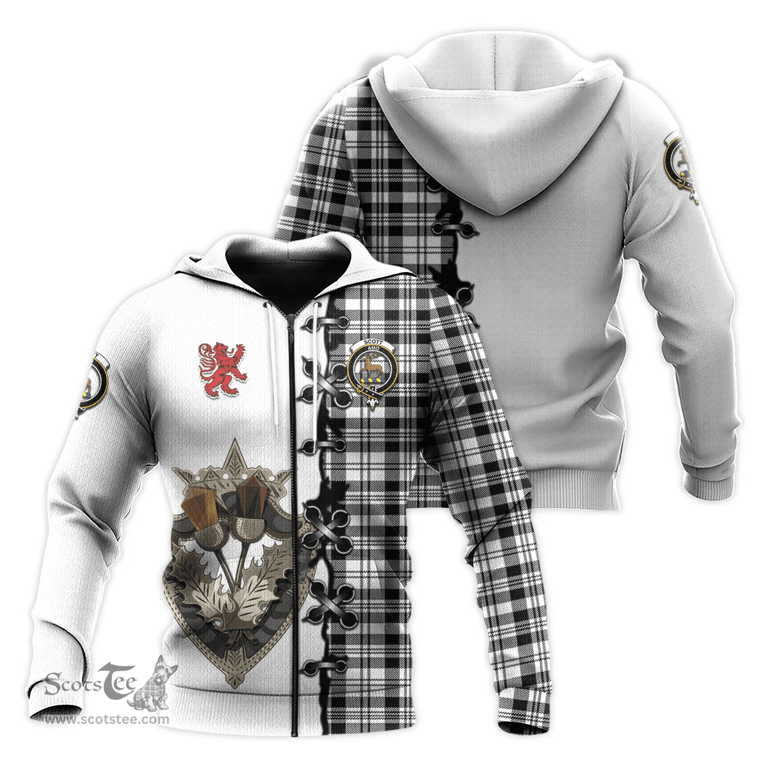 Scottish Scott Black White Clan Tartan Hoodie - Lion Rampant And Celtic Thistle Style Scottish Plaid Tartan Plaid