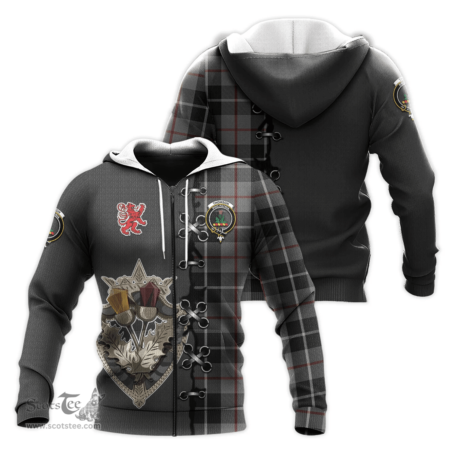 Scottish Thompson Grey Clan Tartan Hoodie - Lion Rampant And Celtic Thistle Style Scottish Plaid Tartan Plaid