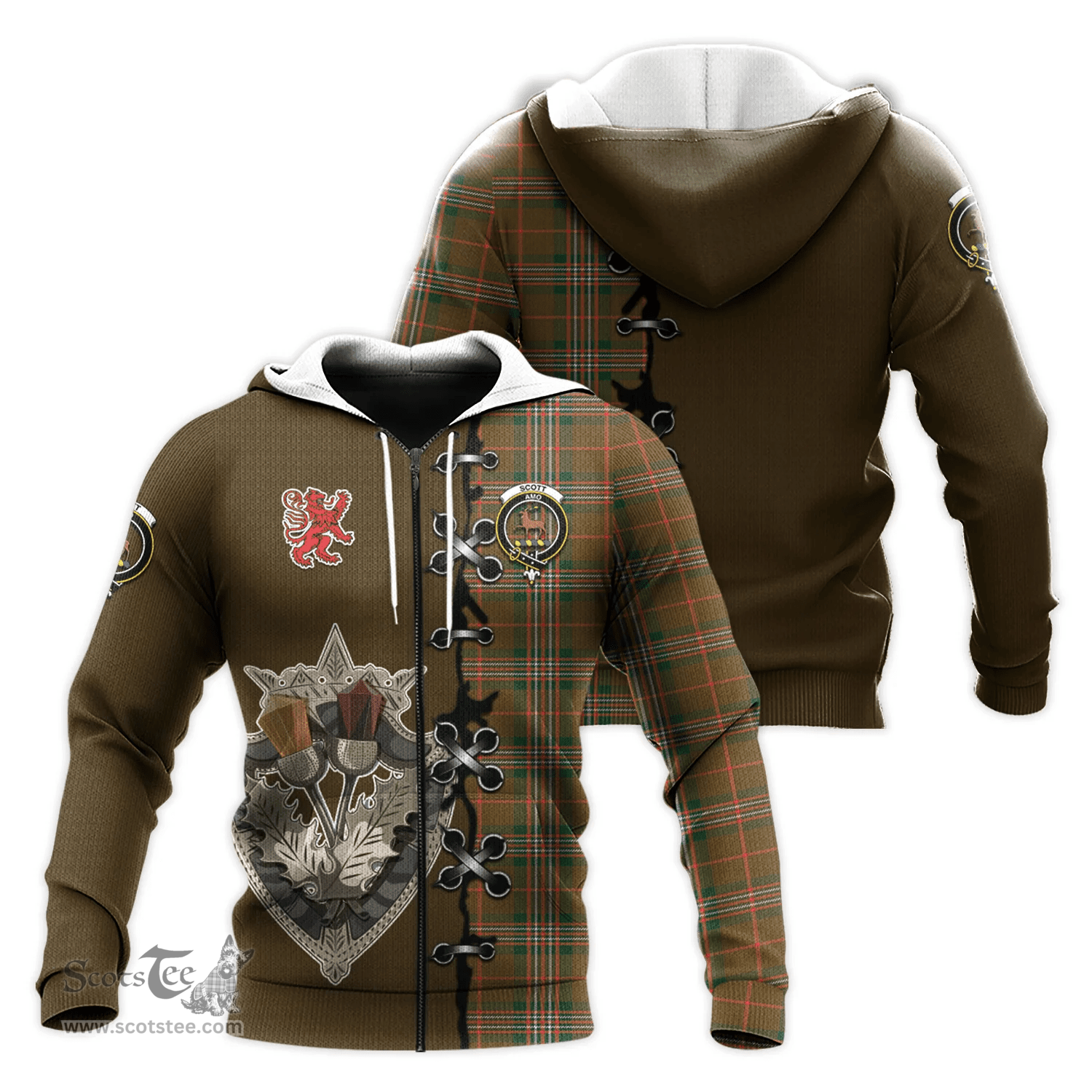 Scottish Scott Brown Modern Clan Tartan Hoodie - Lion Rampant And Celtic Thistle Style Scottish Plaid Tartan Plaid