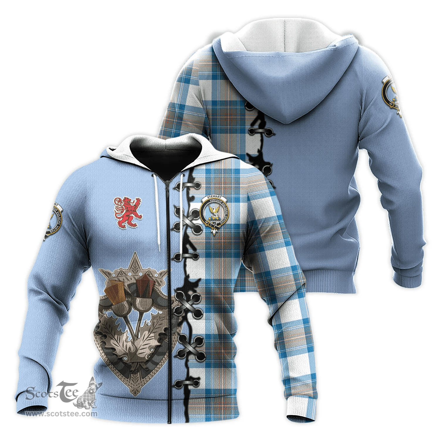 Scottish Stewart Muted Blue Clan Tartan Hoodie - Lion Rampant And Celtic Thistle Style Scottish Plaid Tartan Plaid