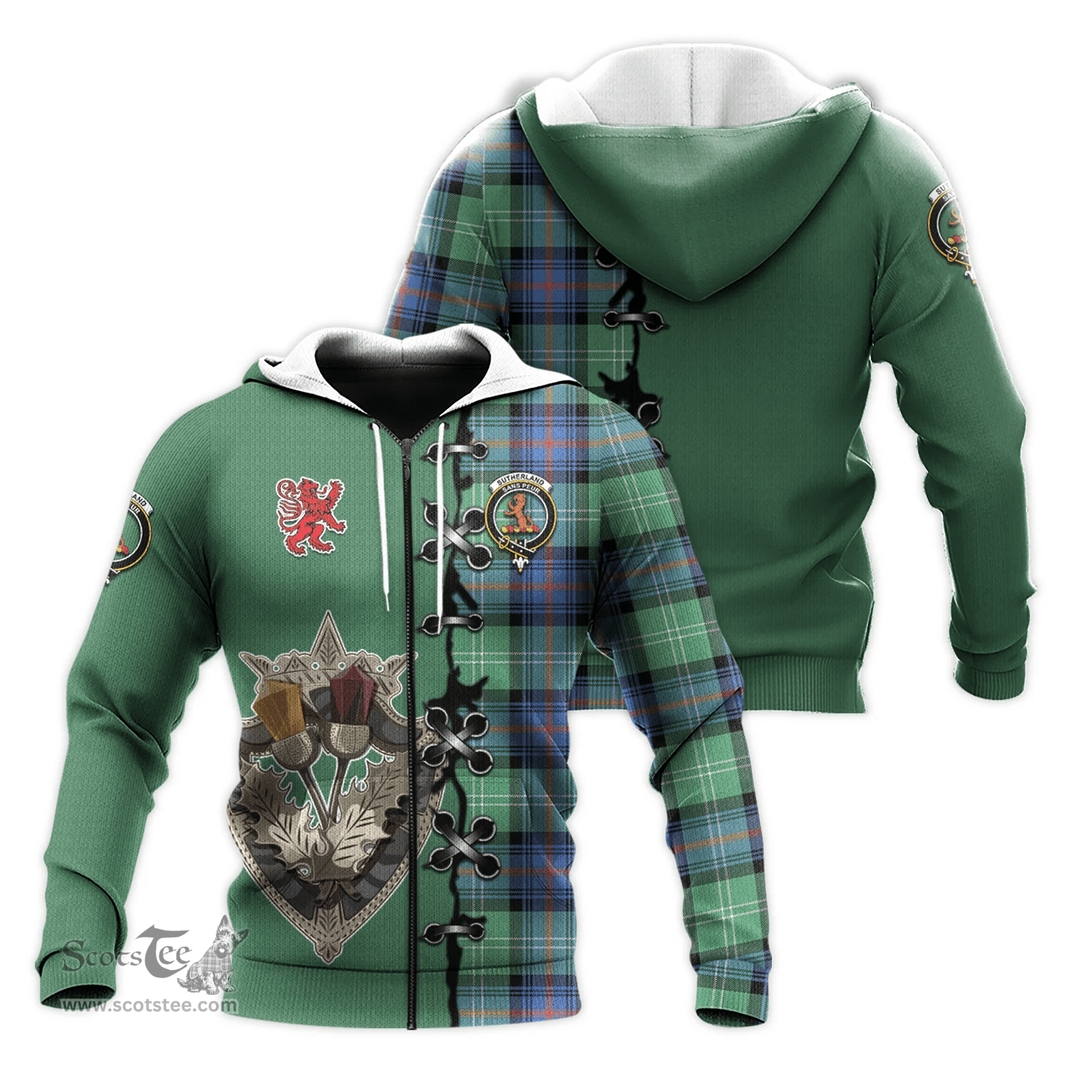 Scottish Sutherland Ancient Clan Tartan Hoodie - Lion Rampant And Celtic Thistle Style Scottish Plaid Tartan Plaid