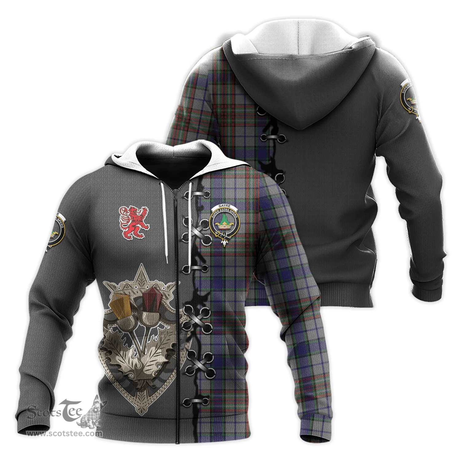 Scottish Gayre Hunting Clan Tartan Hoodie - Lion Rampant And Celtic Thistle Style Scottish Plaid Tartan Plaid