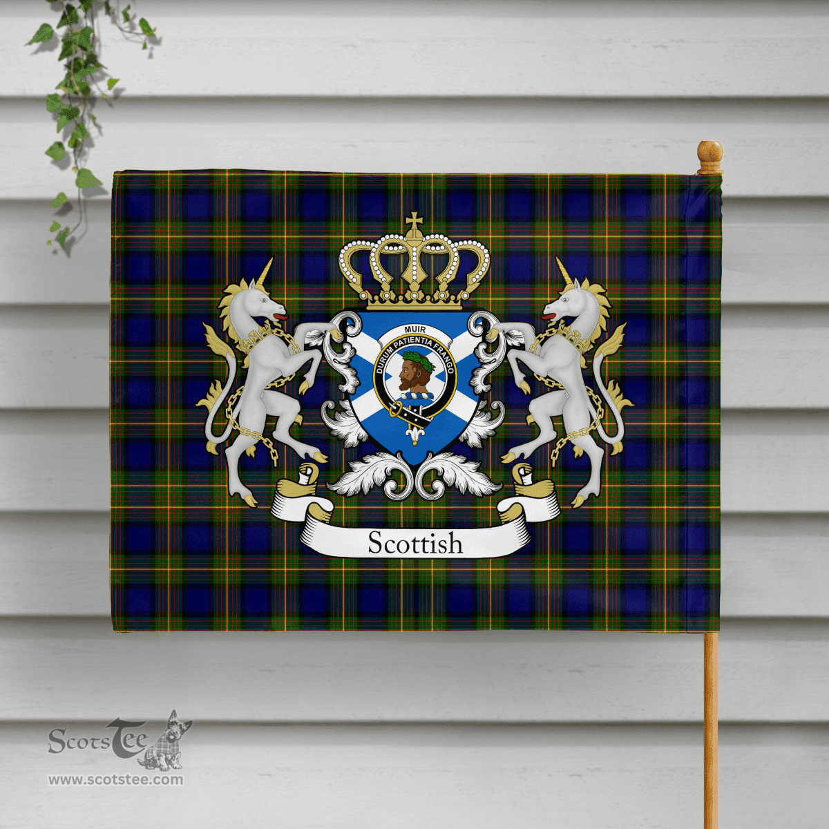 Scottish Muir Clan Badge Tartan Coat of Arm Garden Flag - Tartan Plaid Flags Scottish Plaid Tartan Plaid - ScotsTee - scotstee.com