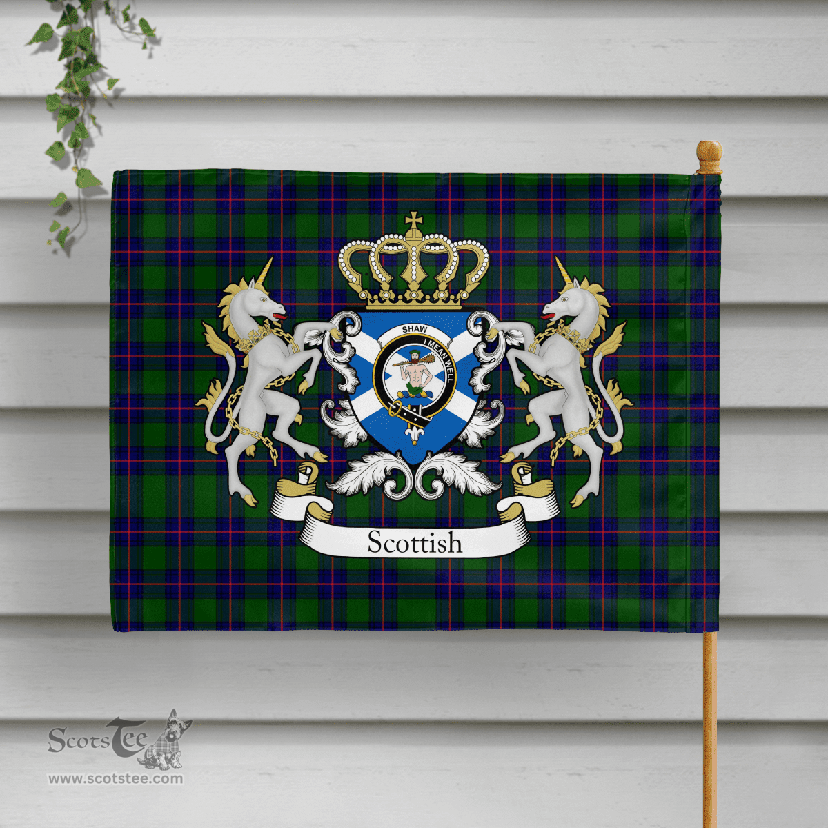 Scottish Shaw Of Sauchie Clan Badge Tartan Coat of Arm Garden Flag - Tartan Plaid Flags Scottish Plaid Tartan Plaid - ScotsTee - scotstee.com