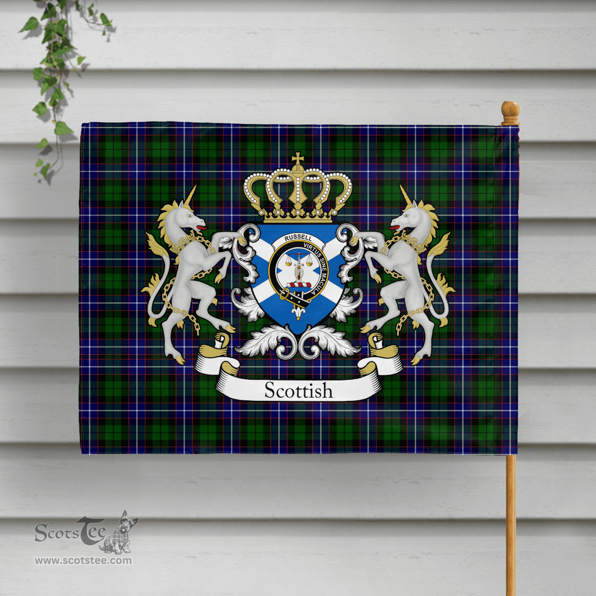 Scottish Russell Clan Badge Tartan Coat of Arm Garden Flag - Tartan Plaid Flags Scottish Plaid Tartan Plaid - ScotsTee - scotstee.com