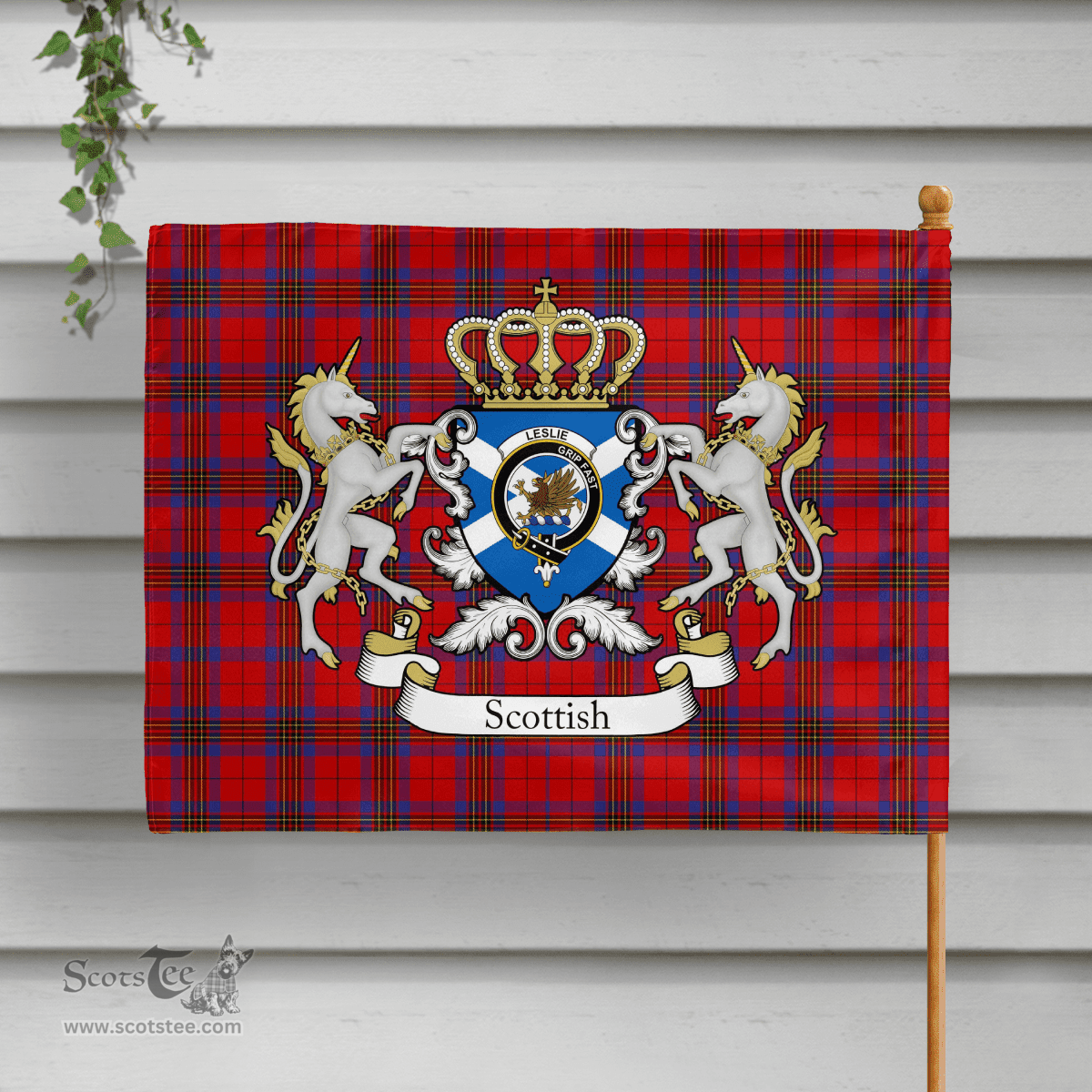 Scottish Leslie Clan Badge Tartan Coat of Arm Garden Flag - Tartan Plaid Flags Scottish Plaid Tartan Plaid - ScotsTee - scotstee.com