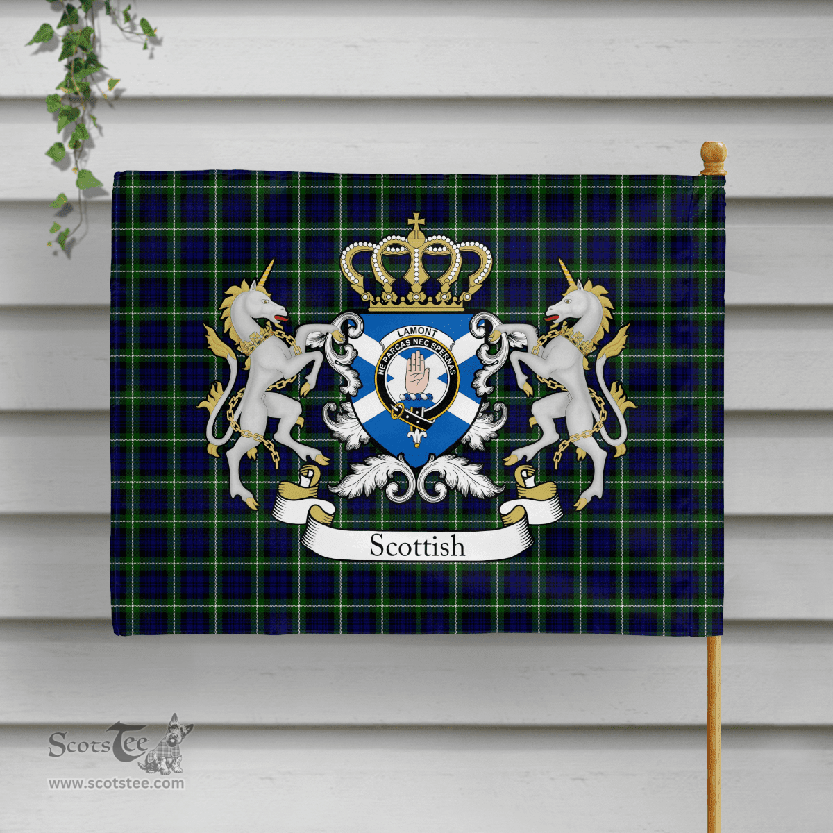 Scottish Lamont Clan Badge Tartan Coat of Arm Garden Flag - Tartan Plaid Flags Scottish Plaid Tartan Plaid - ScotsTee - scotstee.com