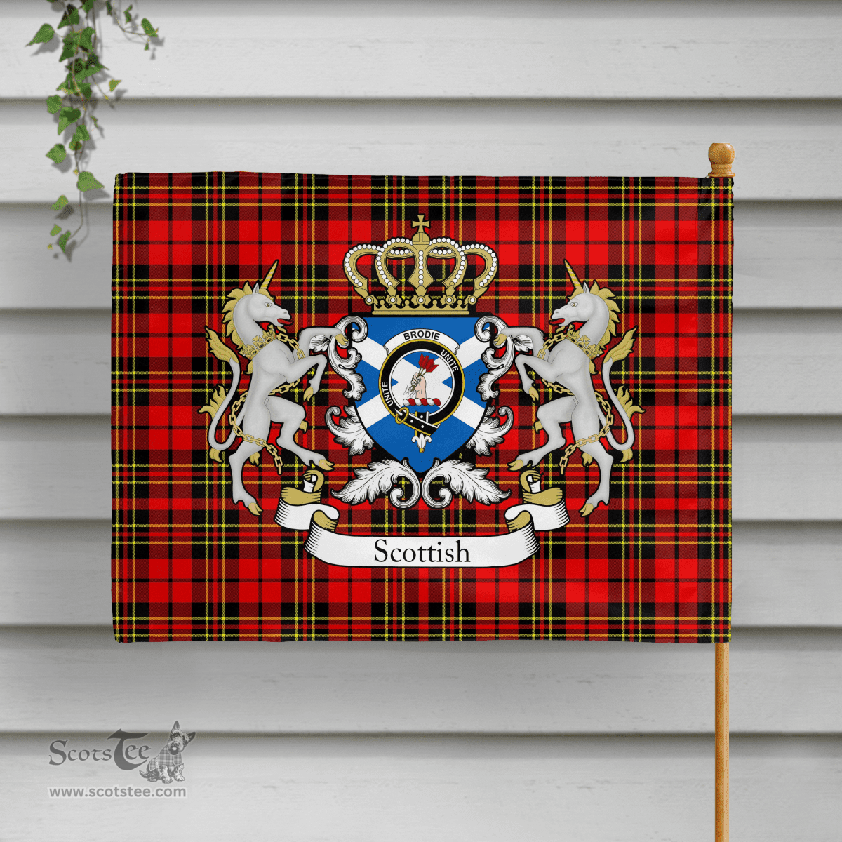 Scottish Brodie Clan Badge Tartan Coat of Arm Garden Flag - Tartan Plaid Flags Scottish Plaid Tartan Plaid - ScotsTee - scotstee.com