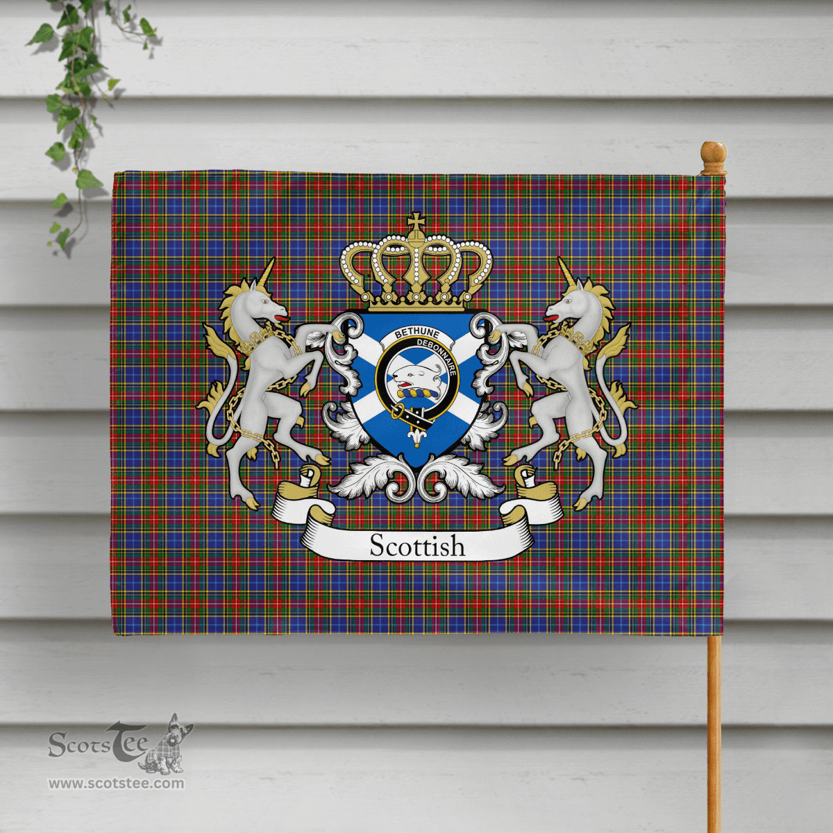 Scottish Bethune Clan Badge Tartan Coat of Arm Garden Flag - Tartan Plaid Flags Scottish Plaid Tartan Plaid - ScotsTee - scotstee.com