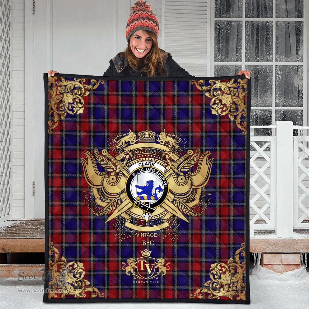 Scottish Clark (Lion) Red Clan Tartan Quilt - Military Logo Style Scottish Plaid Tartan Plaid