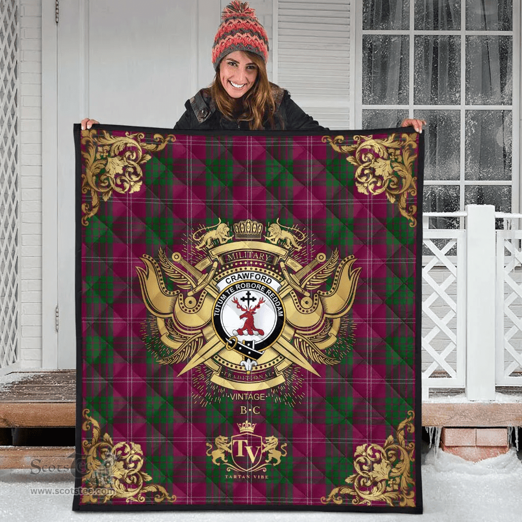 Scottish Crawford Clan Tartan Quilt - Military Logo Style Scottish Plaid Tartan Plaid