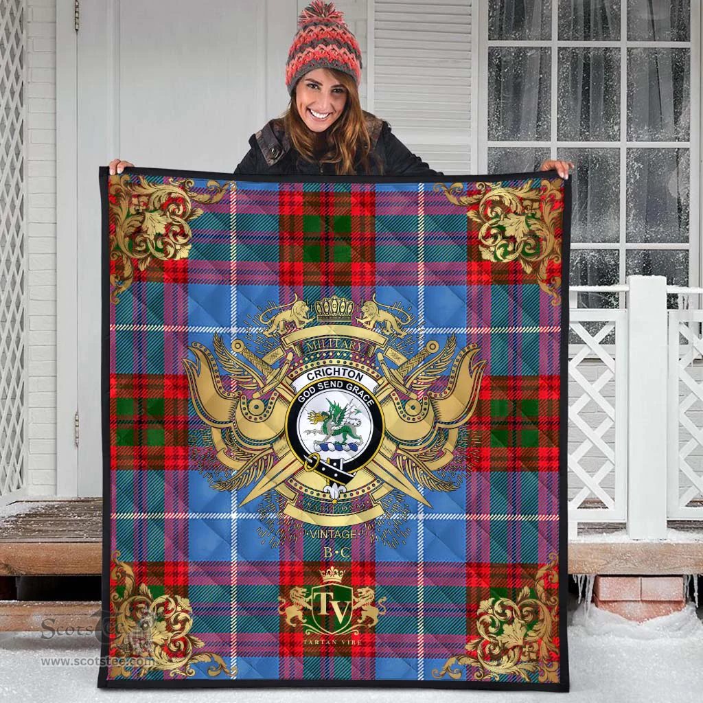 Scottish Crichton Clan Tartan Quilt - Military Logo Style Scottish Plaid Tartan Plaid