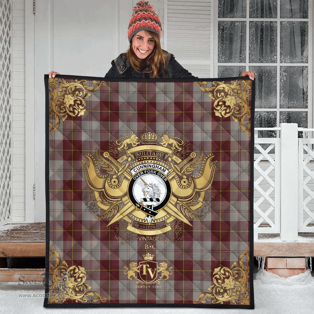 Scottish Cunningham Burgundy Dancers Clan Tartan Quilt - Military Logo Style Scottish Plaid Tartan Plaid