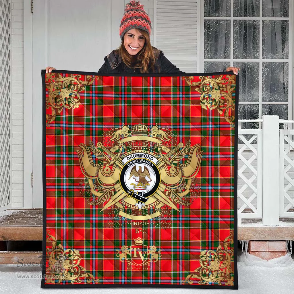 Scottish Drummond of Perth Clan Tartan Quilt - Military Logo Style Scottish Plaid Tartan Plaid