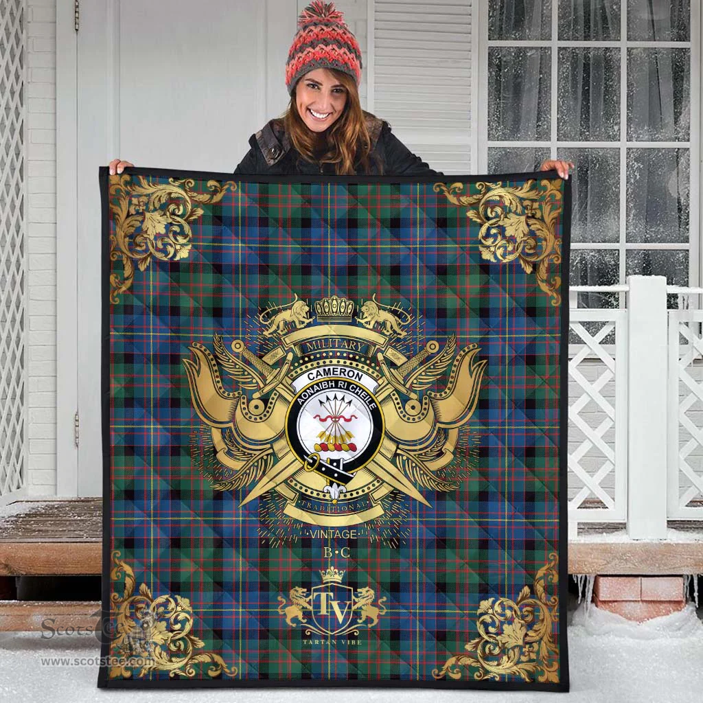 Scottish Cameron of Erracht Ancient Clan Tartan Quilt - Military Logo Style Scottish Plaid Tartan Plaid