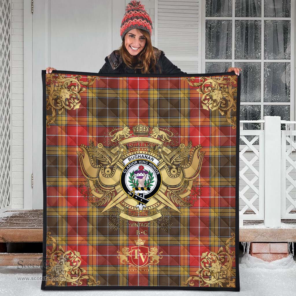 Scottish Buchanan Old Set Weathered Clan Tartan Quilt - Military Logo Style Scottish Plaid Tartan Plaid