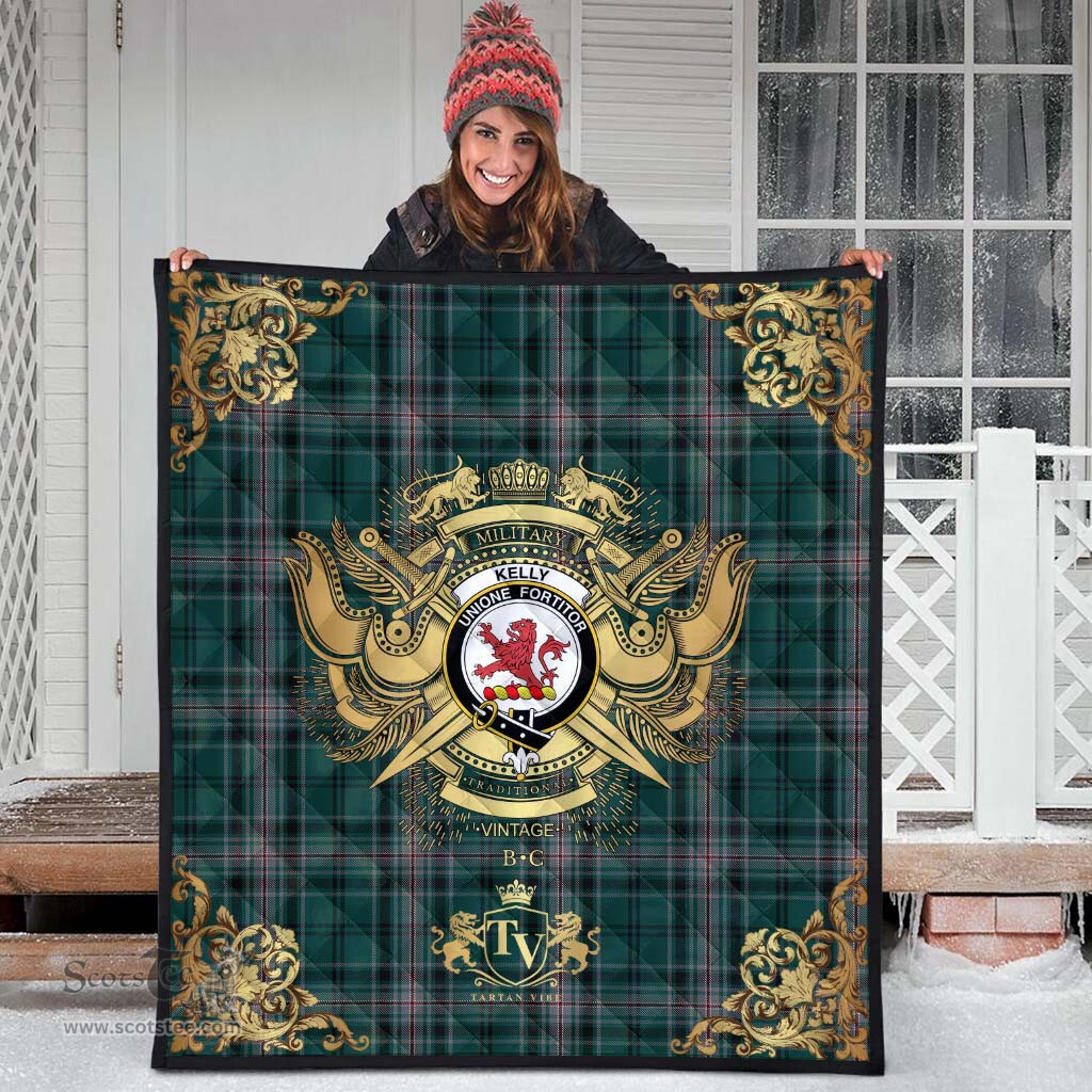 Scottish Kelly of Sleat Hunting Clan Tartan Quilt - Military Logo Style Scottish Plaid Tartan Plaid