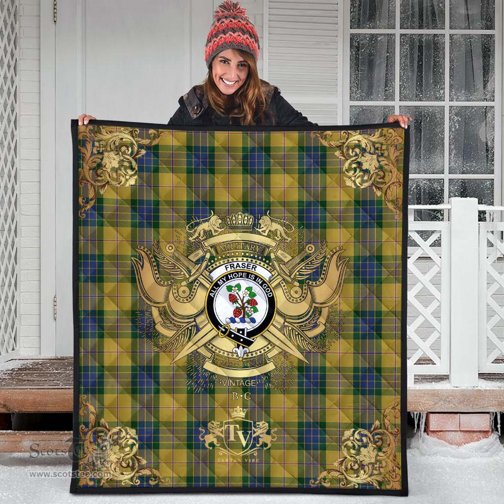 Scottish Fraser Yellow Clan Tartan Quilt - Military Logo Style Scottish Plaid Tartan Plaid