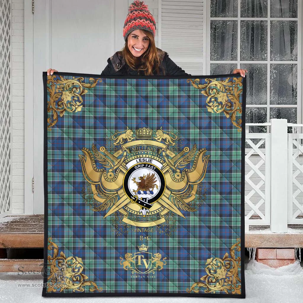 Scottish Leslie Hunting Ancient Clan Tartan Quilt - Military Logo Style Scottish Plaid Tartan Plaid