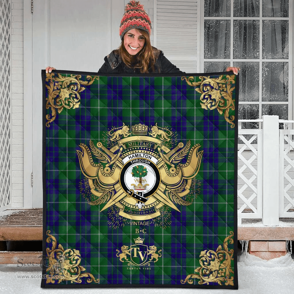 Scottish Hamilton Green Hunting Clan Tartan Quilt - Military Logo Style Scottish Plaid Tartan Plaid