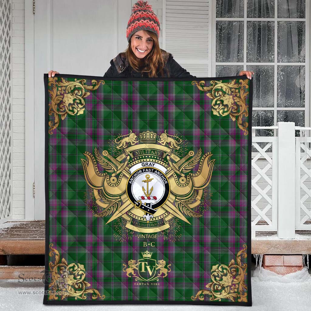 Scottish Gray Hunting Clan Tartan Quilt - Military Logo Style Scottish Plaid Tartan Plaid