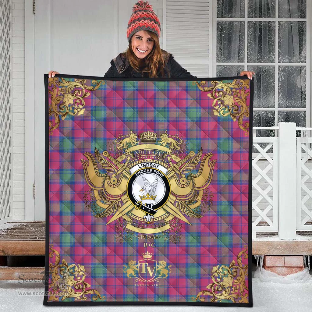 Scottish Lindsay Ancient Clan Tartan Quilt - Military Logo Style Scottish Plaid Tartan Plaid