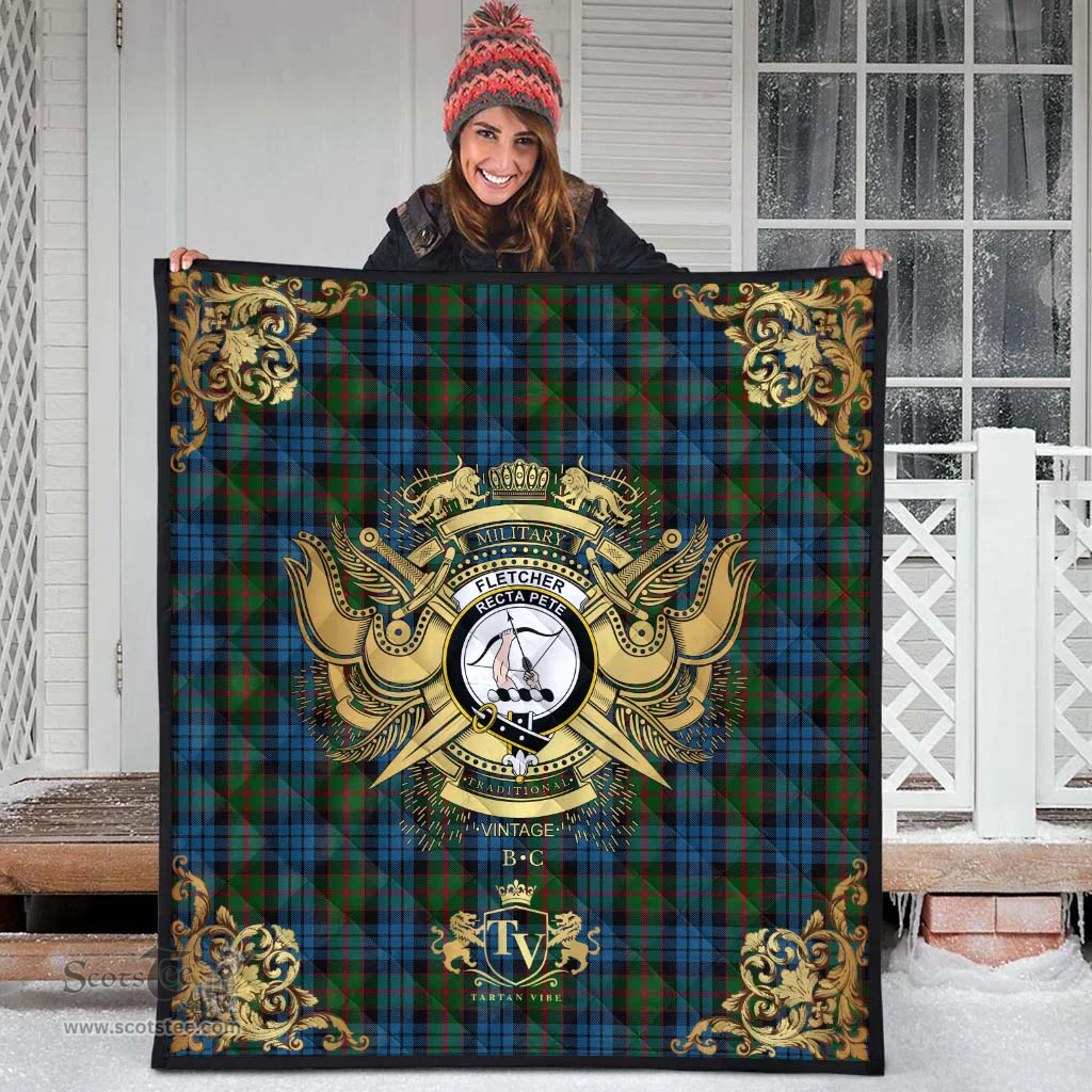 Scottish Fletcher of Dunans Clan Tartan Quilt - Military Logo Style Scottish Plaid Tartan Plaid