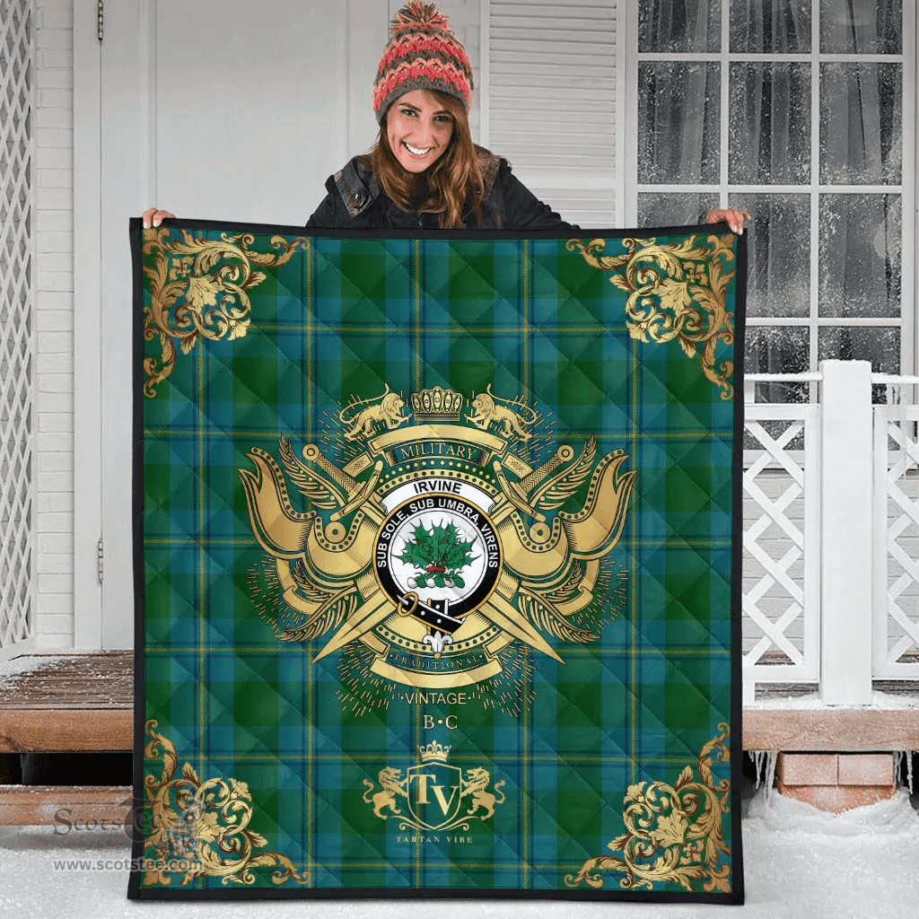 Scottish Irving of Bonshaw Clan Tartan Quilt - Military Logo Style Scottish Plaid Tartan Plaid