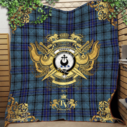 Scottish Hannay Blue Clan Tartan Quilt - Military Logo Style Scottish Plaid Tartan Plaid