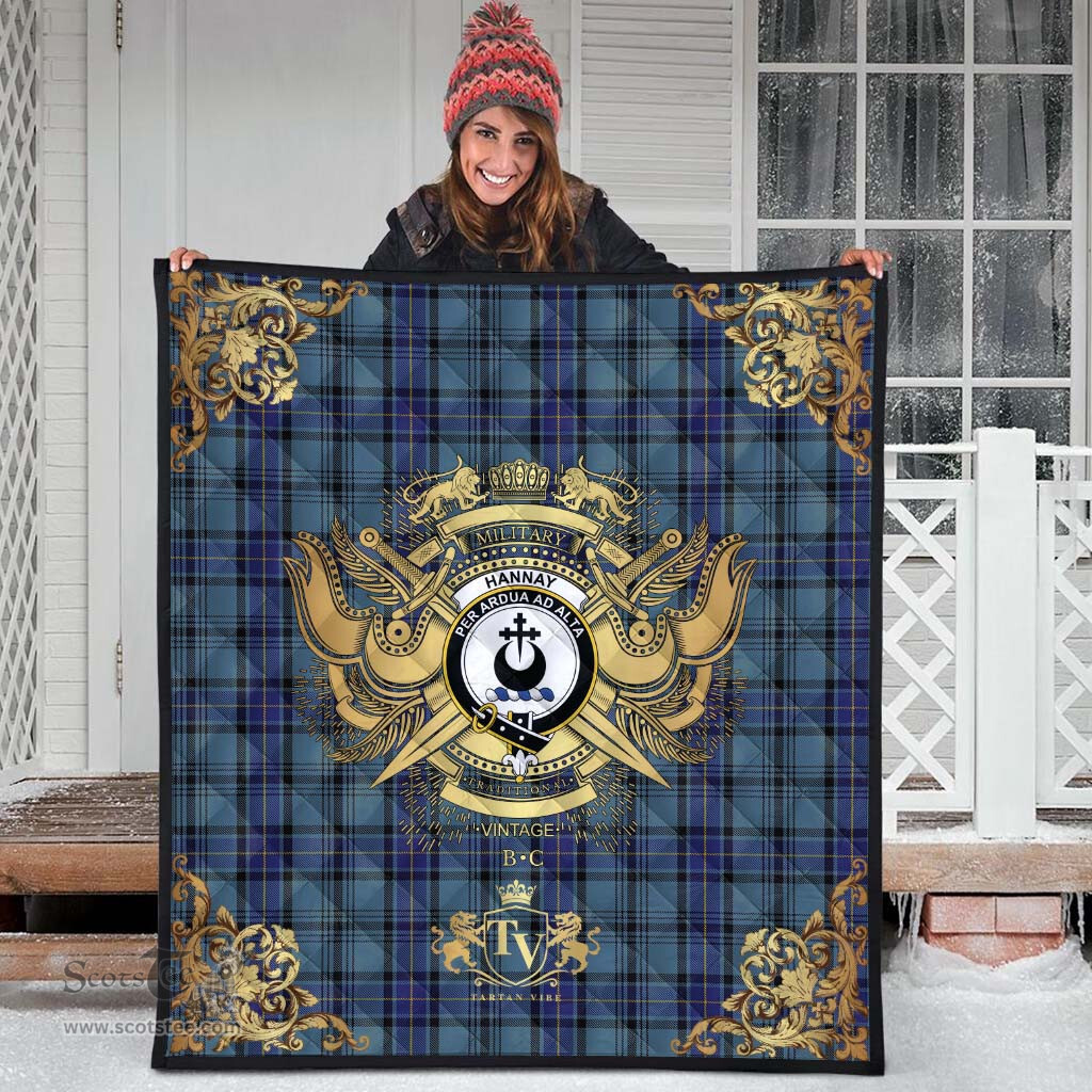 Scottish Hannay Blue Clan Tartan Quilt - Military Logo Style Scottish Plaid Tartan Plaid