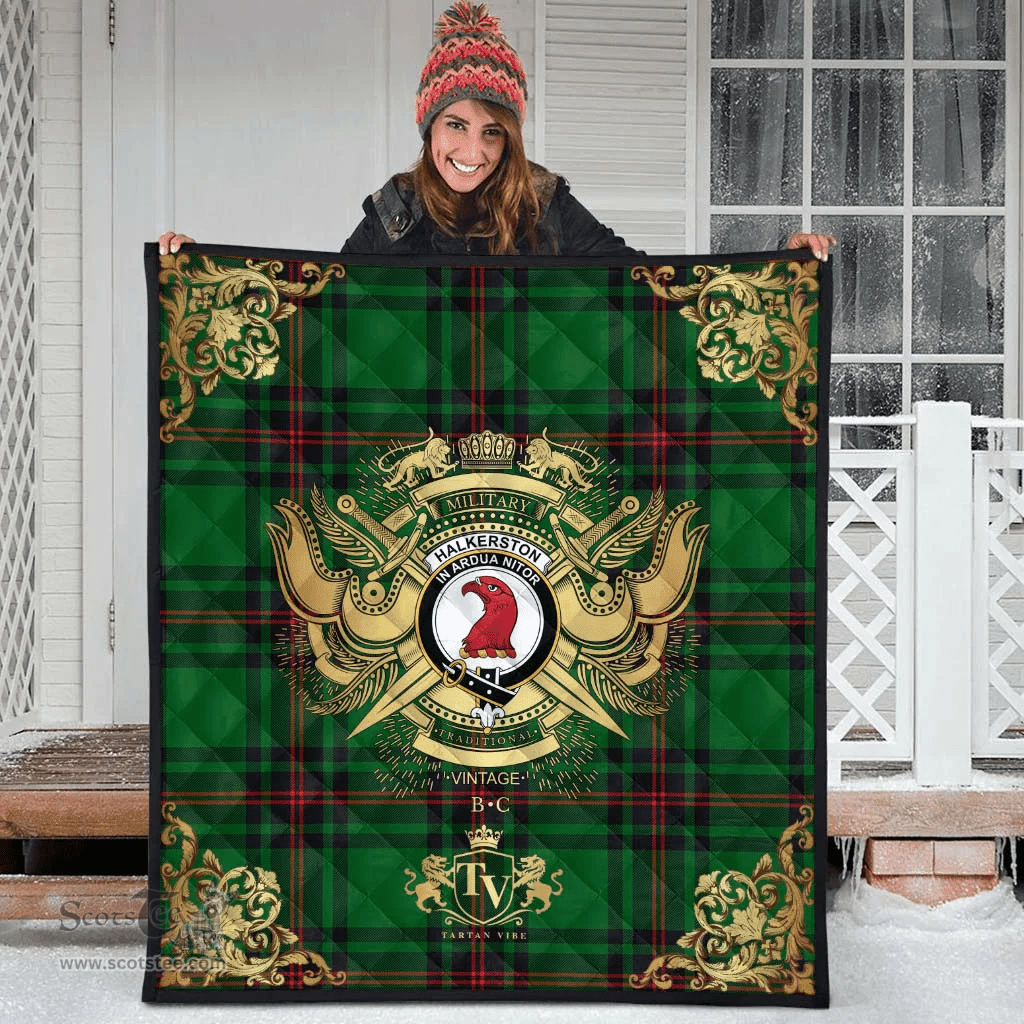 Scottish Halkerston Clan Tartan Quilt - Military Logo Style Scottish Plaid Tartan Plaid