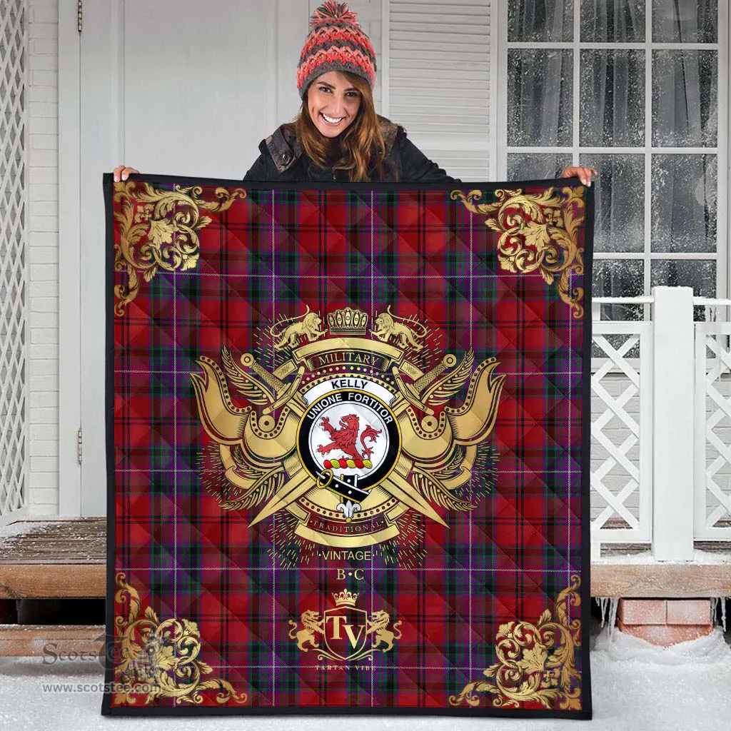 Scottish Kelly of Sleat Red Clan Tartan Quilt - Military Logo Style Scottish Plaid Tartan Plaid