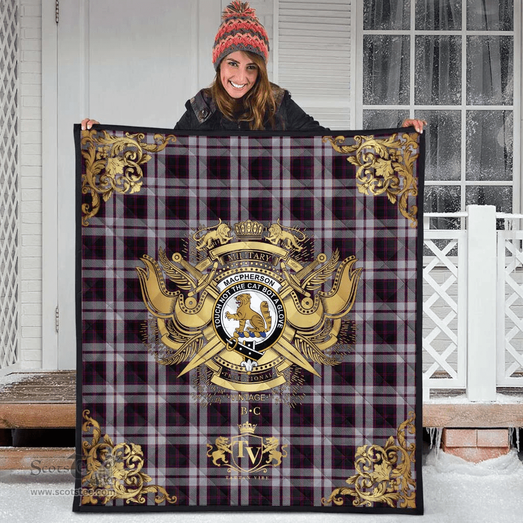 Scottish MacPherson of Pitmain Clan Tartan Quilt - Military Logo Style Scottish Plaid Tartan Plaid