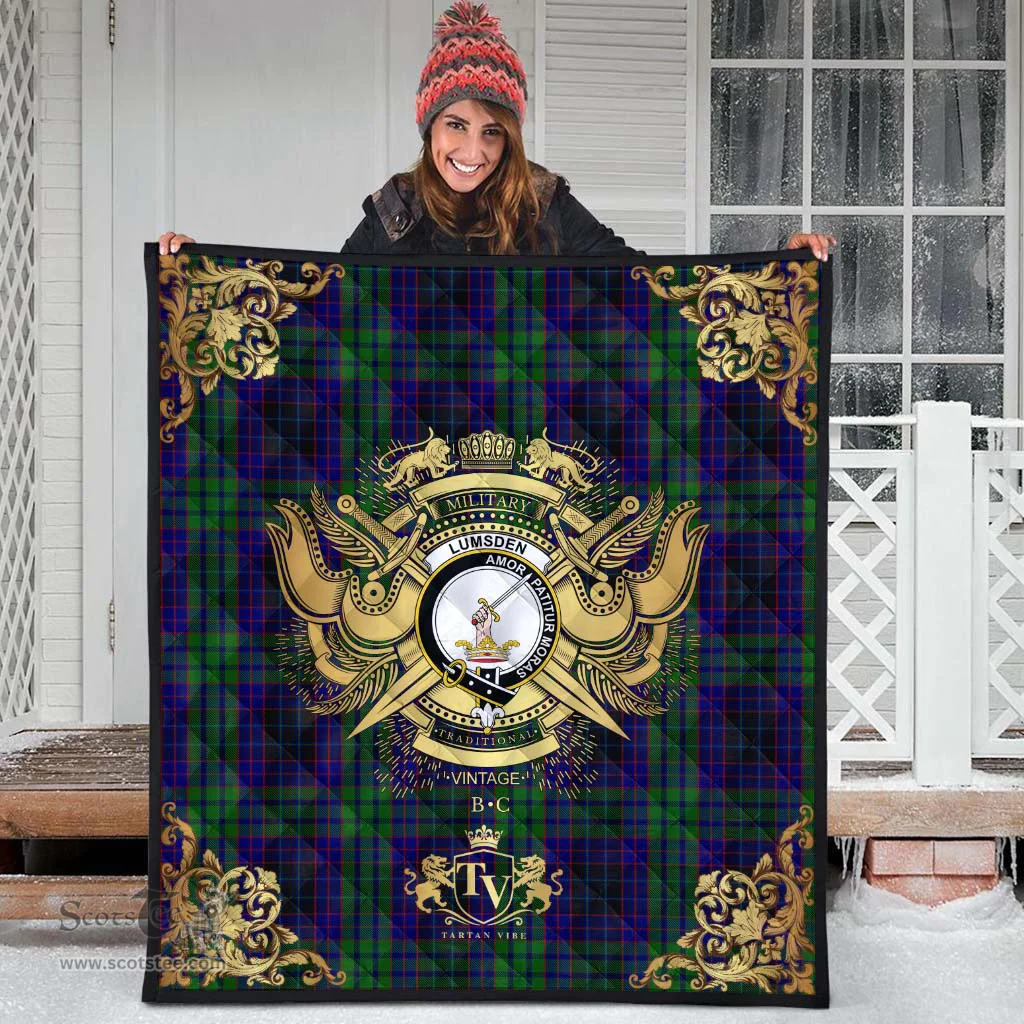 Scottish Lumsden Green Clan Tartan Quilt - Military Logo Style Scottish Plaid Tartan Plaid
